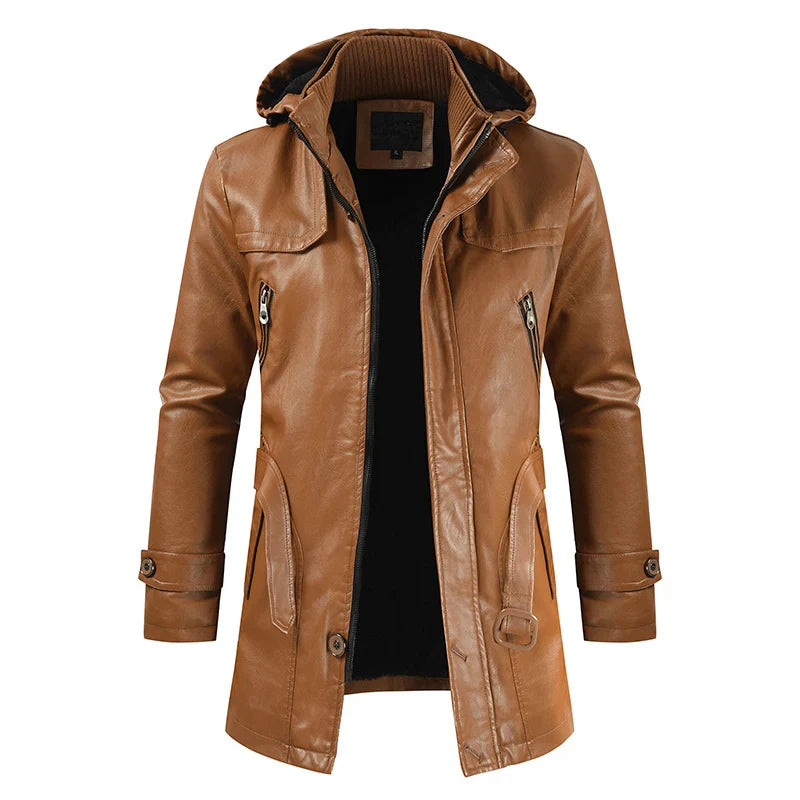 Jaqueta Longa de Couro com Capuz Masculina Sampaio®