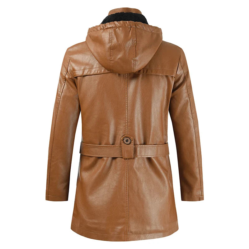 Jaqueta Longa de Couro com Capuz Masculina Sampaio®